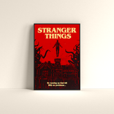 Stranger Things wall poster by Dripster featuring red and black eerie design with floating figure and haunted house